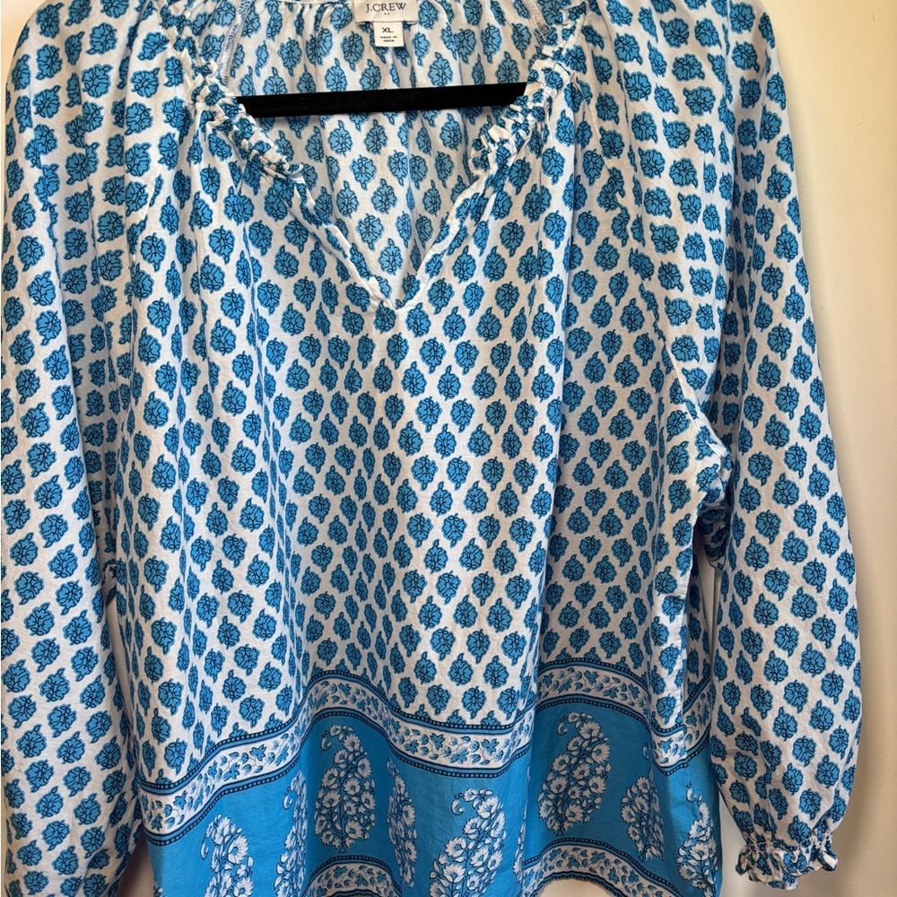 J. Crew 100% Cotton Blue Patterned Women's Top with bell sleeves